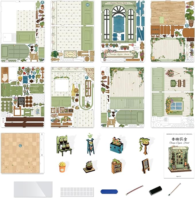 Fsolis Book Nook Kit, 3D Wooden Puzzles for Adults Booknook Garden DIY Miniature House Mini Building Kit Bookshelf Diorama Gifts for Women Puzzle Lovers (Champs-Élysées Florist)