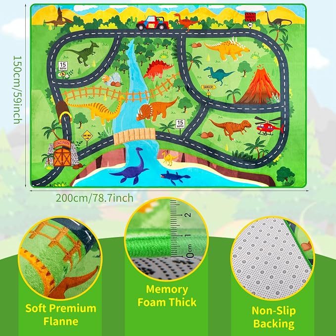 Car Rug Play Mat,4'11" x 6'7" Dinosaur Park Road Car Mat for Kids,Non-Slip Dino Car Track Rugs for Kids Toy Cars,Educational Kid Road Playmat Rug for Playroom Bedroom Kid Room(for Age 2+)