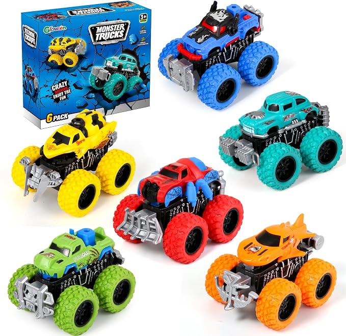 Monster Truck Toys for Kids, 6 Pack Friction Powered Push and Go Cars, Great Christmas Birthday Party Gifts for Boys Girls Age 3-5 4-7