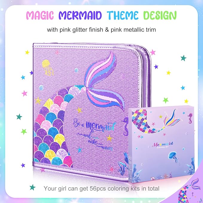 MAIGOZON Mermaid Gifts for Girls - 56 PCS Scented Markers Art Supplies Set for Kids Ages 4-8, Coloring Drawing Kit with Glitter Mermaid Case & Quick-Dry Gel Pens, Birthday Christmas Gift