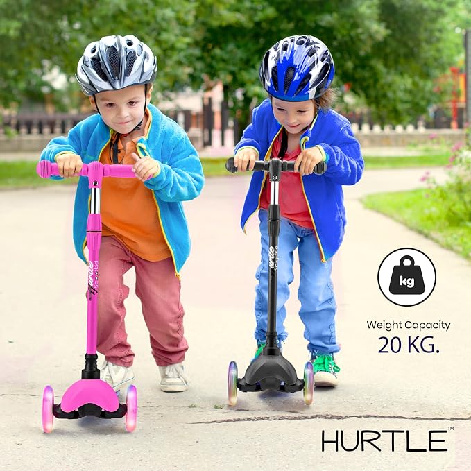 Hurtle Mini Kickboard Scooter for Kids - Height Adjustable 25''-28'', Lightweight 3-Wheel with LED Light-up Wheels, Anti-Slip,Indoor/Outdoor Fun, Micro Scooters for Ages 2-5 (Pink)