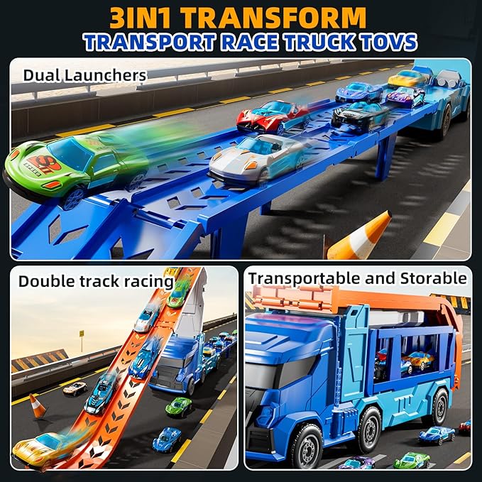 Truck Toys Car Track Set for 3 4 5 6 Years Old Boys, Carrier Truck Transporter Car Race Track with 12 Die-Cast Racing Car Toys, Birthday Gifts for Toddlers Kids Girls Age 3 4 5 6 7 8