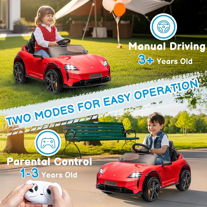 Winado 12V Kids Ride on Car, Licensed Porsche Taycan Electric Car for Toddlers, Battery Powered Ride on Vehicle W/Remote Control, with Bluetooth, 3 Speeds, LED & Rear Lights, Music & Horn (Red)
