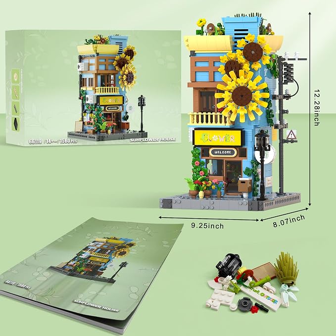 Sunflower House Building Set with LED Light, 3-Story Japanese Street View House Blocks, 1580PCS Creator Architecture Model Building Kit, Home Office Decor Gift for Adults