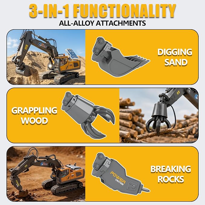 3-in-1 Remote Control Excavator Toy for Boys, Best Birthday Gifts for Kids 3-5 4-7 6-8 9 10 12 Years Old, 11-Ch RC Construction Vehicle with Alloy Shovel, Drill & Grapple, Digger Sandbox Toys