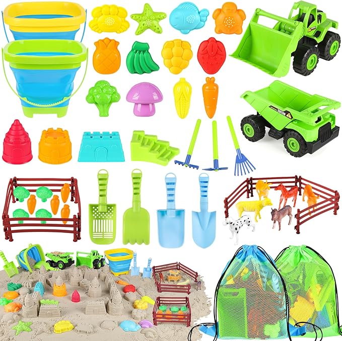FHOZGECY Beach Sand Toys, 2 Trucks, 2 Collapsible Buckets, Sand Molds, Farm Animals, Upgrade Tools, Mesh Bag, Indoor Outdoor Play Set for Kids Ages 3-12, Multi‑Scene Play for Summer Travel Beach Games