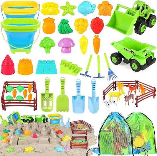 FHOZGECY Beach Sand Toys, 2 Trucks, 2 Collapsible Buckets, Sand Molds, Farm Animals, Upgrade Tools, Mesh Bag, Indoor Outdoor Play Set for Kids Ages 3-12, Multi‑Scene Play for Summer Travel Beach Games