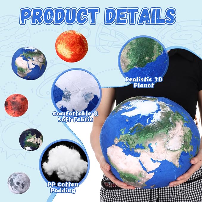 Arrowbash 5 Pcs Moon, Earth, The Sun Planet Plush Space Planet Throw Pillow Solar System Plush Balls 3D for Home Decoration