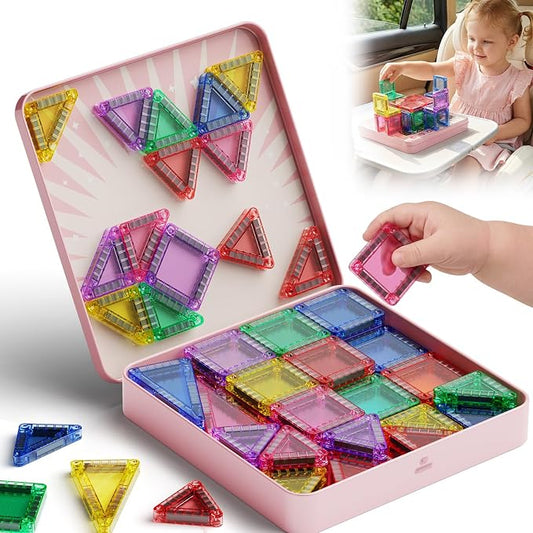 Mini Magnetic Tiles for Girls Travel: 60 PCS Pink Magnet Building Blocks in Tin Box to Stop Crying - 60 Mins Quiet Play 30s Cleanup Toy - Car Airplane Essentials Ages 3-8