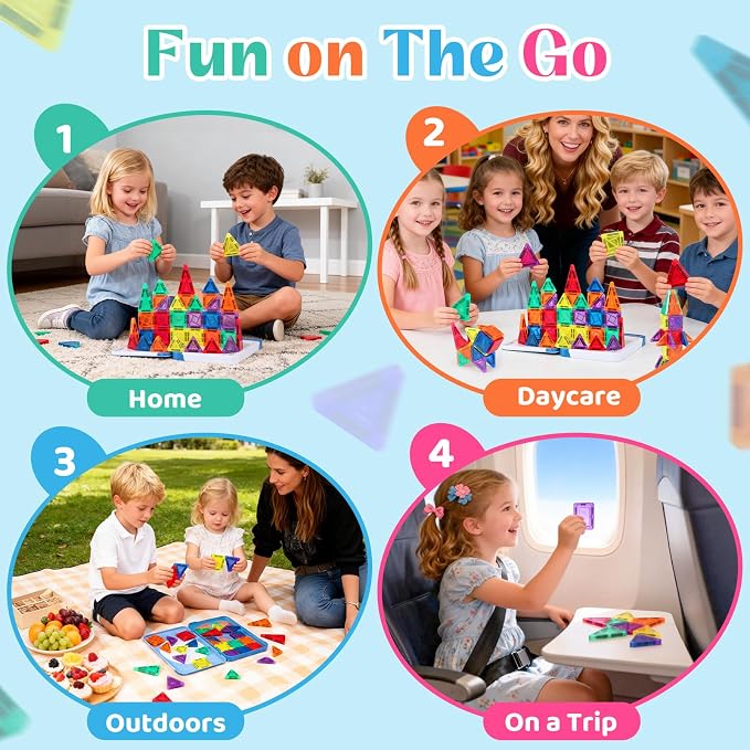 Magnetic Tiles Mini Travel Set with Case - Portable Magnetic Blocks Building for On-the-Go Play, Montessori STEAM Educational Sensory Toddler Toys for Boys Girls Ages 3+