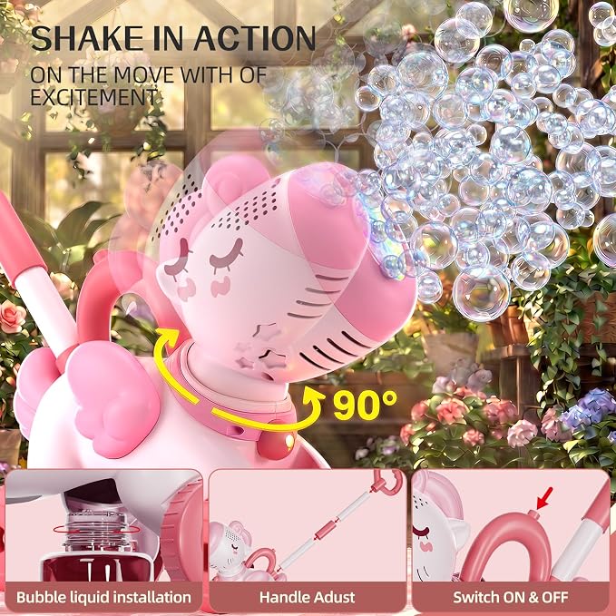 Bubble Machine for 2 3 4 5 6 Year Old Toddler Girl, Portable Unicorn Toys Bubble Maker, Bubble Lawn Mover Outdoor Toys W/Light, Birthday Gift for Toddler Girls Ages 2-4