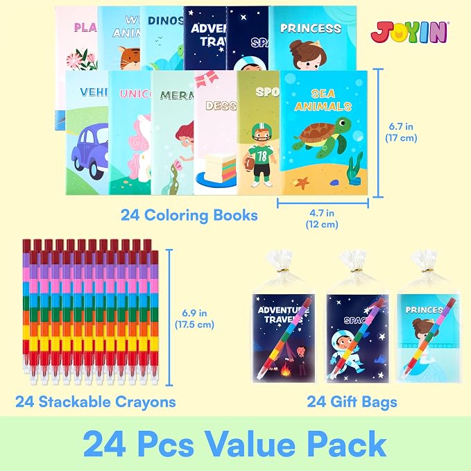 JOYIN 24-Pack Mini Coloring Books Crayons, Bulk Coloring Book Set, Party Favor for Kids 4-8, Birthday Goodie Bags, Classroom Gifts for Students