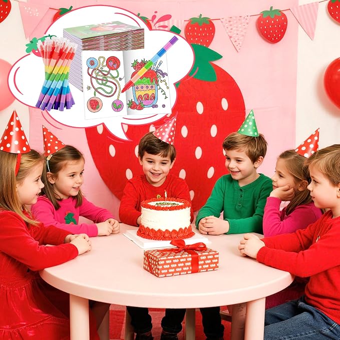 BenLouis 12 Strawberry Mini Coloring Books Kids with 12 Stacking Crayons Berry Party Favors Small Activity Books Bulk for Kids Girl Fruit First Party Gift Goodie Bag Stuffers