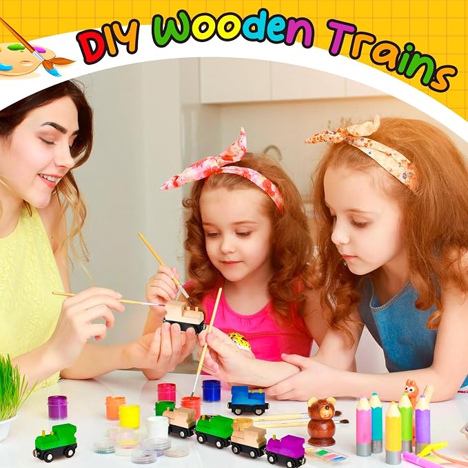 Halloscume Unfinished DIY Wooden Trains Magnetic Unpainted Wooden Train Cars Toys for Railway Paint Project, Birthday Party Decorations Back to School Crafts Gifts Supplies (Classic)