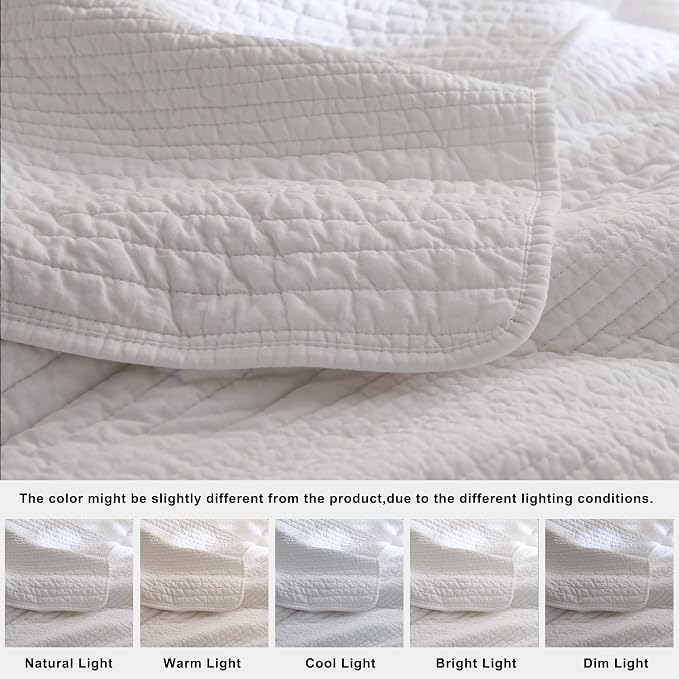 palassio Striped White 100% Cotton Quilt Queen Size Bedding Sets, Lightweight Crinkly Channel Pick Stitch Textured Bedspread Soft Shabby Chic Farmhouse Country Coverlet for All Season, 2 Shams