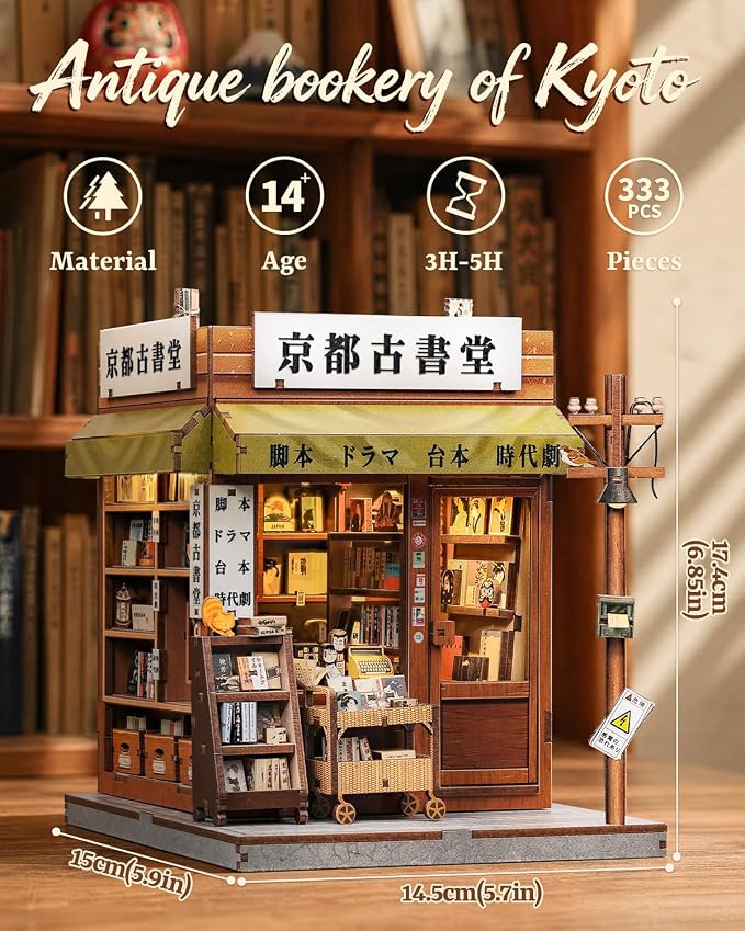 Book Nook Kit - Japanese Showa Retro DIY Miniature Book Nook, Soft LED Vintage Scene Model, Handmade Wooden Assembly Craft Gifts for Adults and Teens (Antique Bookery of Kyoto)