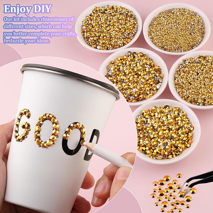 25000Pcs Resin Rhinestones for Crafting, Mine Gold 2-6mm Mixed Sizes Non Hotfix Flatback Gems with 1Pcs Glue, Bedazzling Crystal for DIY Craft Clothing Mugs Tumblers Shoes Fabric Decor Nail Art