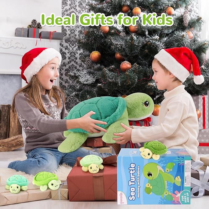 gnomantic Turtle Stuffed Animals with Babies Inside, Mommy Toy for Kids | 5-Piece set: 1 mommy turtle + 4 baby turtles inside. Unzip belly to reveal surprise babies. Ultra-soft, ages 3-8.