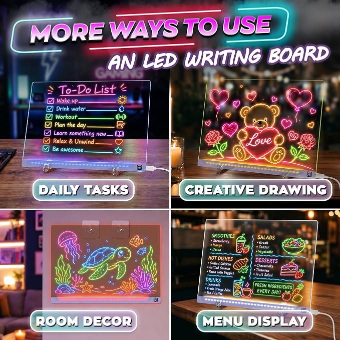 LED Drawing Board with USB-C Power – 16 Inch Acrylic Light Board for Tracing with Edge-Lit Color-Changing Glow, 7 LED Colors, 6 Light Modes – Plug-and-Play Kit with Markers, Stands, Gift Box (Blue)