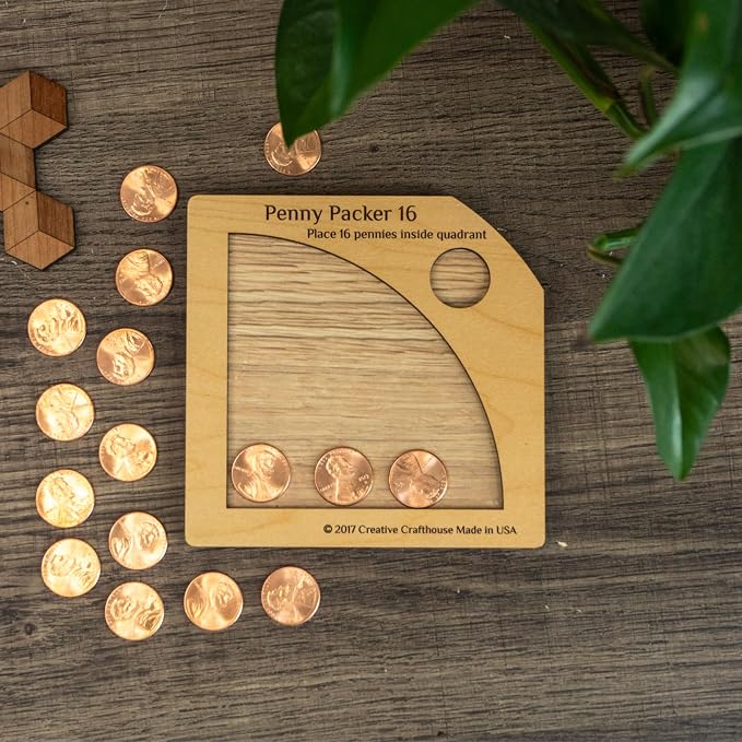 Creative Crafthouse Penny Packer 16 Wood Coin Packing Puzzle for Adults | All the pennies you need are included. Lay each piece flat to find the one solution. A desk and coffee table gift