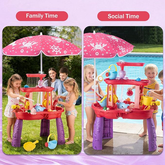 Water Table for Toddlers 3-5 with Umbrella Outdoor Toys for Kids Ages 4-8 Kids Sand Water Table with Fishing Game Set Activity Sensory Table with Water Pump Summer Beach Toys