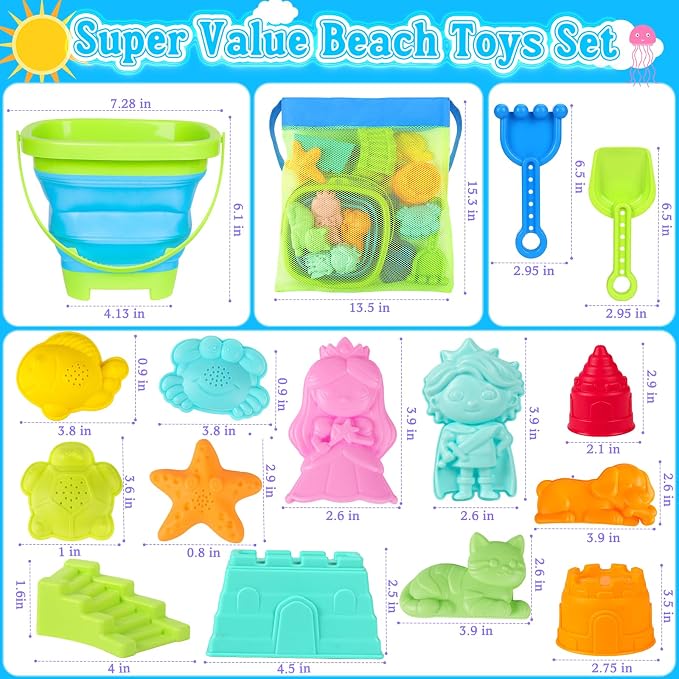 Collapsible Beach Toys for Kids Toddlers, Foldable Sand Bucket and Shovels Set with Mesh Bag & Sand Castle Building Kit, Travel Sand Toys for Beach Essentials, Sandbox Toys for Baby Kids Age 3-10