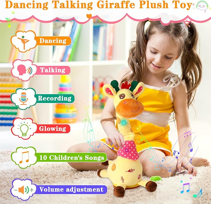 Dancing Talking Giraffe Toy, Stuffed Animal Baby Toy Repeating What You Say, Glowing Musical Giraffe Gifts for Toddlers 1-3 Years Old, for Kids (Giraffe)