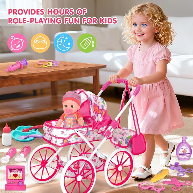Baby Doll Stroller Toys Set, 12″ Doll with Accessories, 28Pcs Baby Dolls and Stroller Set with Care Bag, Clothes, Baby Bottle, Realistic Pretend Play Toy for Girls 3-5, 4-6, 7 Years Old Toddler Gift