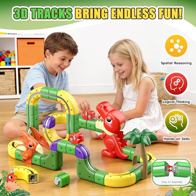 Dinosaur Magnetic Train Set Toys for Kids 3-5: 115PCS 3D Infinity Racer Cube Tracks Anti-Gravity Rail Electric Train Track Birthday Gifts Toys for 3 4 5 6 7 8 Year Old Boys Girl