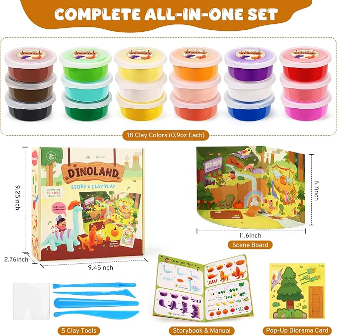 Air Dry Clay Kit for Kids, Modeling Magic Clays, 18 Colors with Storybook, DIY Tutorials, Tools & Scene Cards – Soft, Non-Sticky & Light, Clay Craft Gift for Boys & Girls Ages 3+ (Dinosaur)