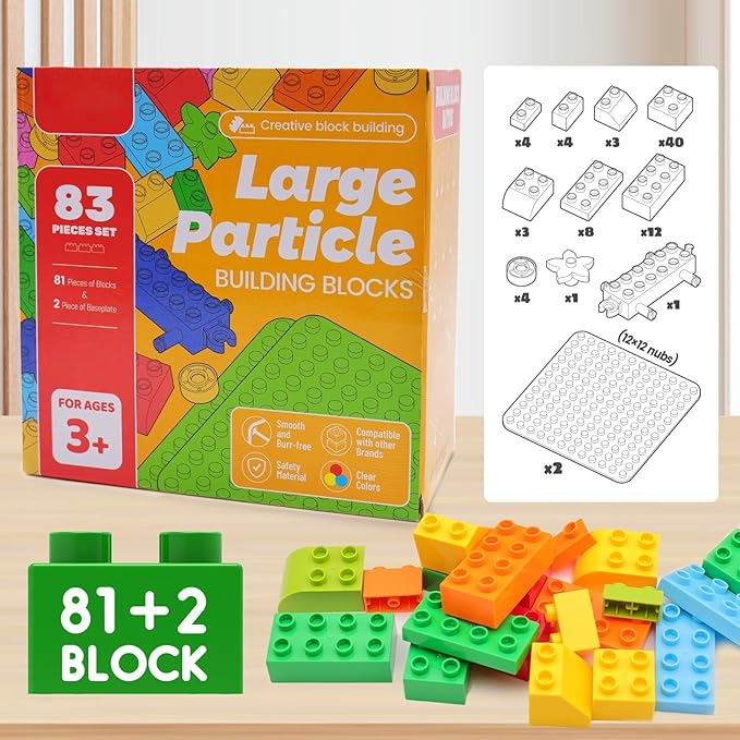 83 Pcs Jumbo Building Blocks for Toddlers (81 Blocks + 2 Baseplates) | Compatible Big Construction Bricks in Diverse Vibrant Colors | Kids Ages 3+ STEM Toy