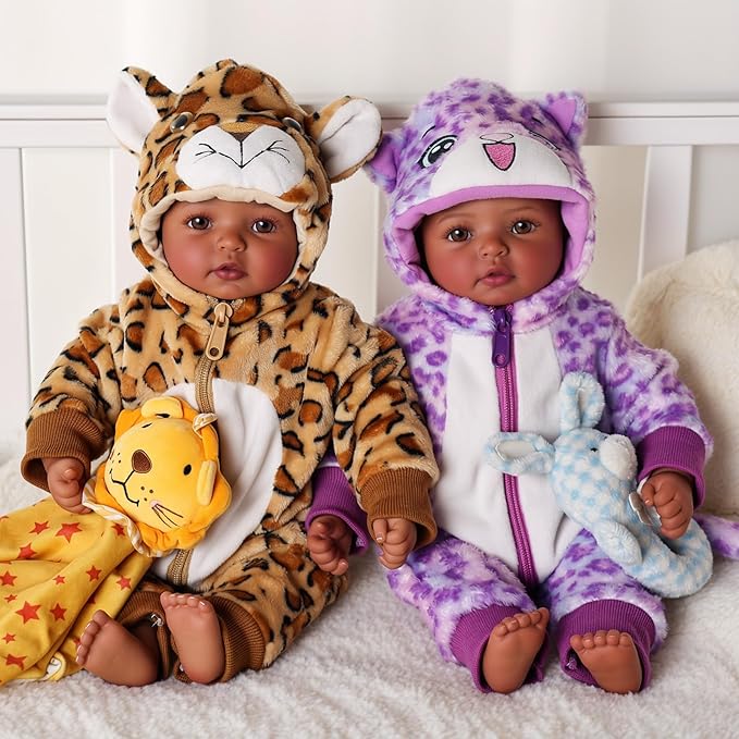 BABESIDE Black Baby Dolls Twins - 17inch Realistic Soft Cloth Body Dolls with Brown Eyes, 3+ Year Old Girls Gifts, Ideal for Nurturing, Interactive Play & Cuddling