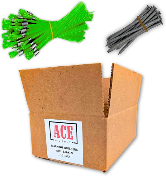 Green Marking Whiskers with Stakes - 100 Pack - Durable Marking Whisker Set - Use Survey Whiskers As Ground Markers, Construction Markers, Or Trail Markers