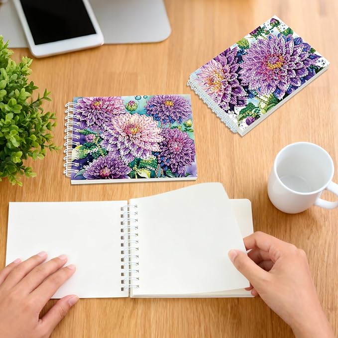 2 Pcs Flower Diamond Painting Notebook 80 Pages for Adults, Dahlia Diamond Art Journal and DIY Sketchbook, Diamonds Art Kit Supplies,Gift for Beginners, Craft Lovers, Artists. (Flower)