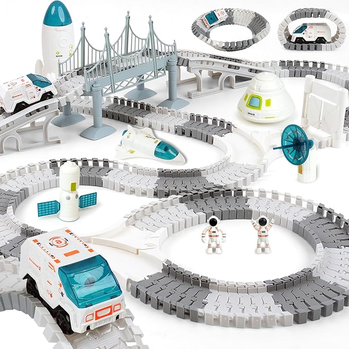 GIAT Race Car Tracks Set - Birthday Gift for 3 4 5 6 7 Year Old Boys, 290+ PCS Flexible Train Track Kit for Kids, Interactive Toy with Cars and Rocket