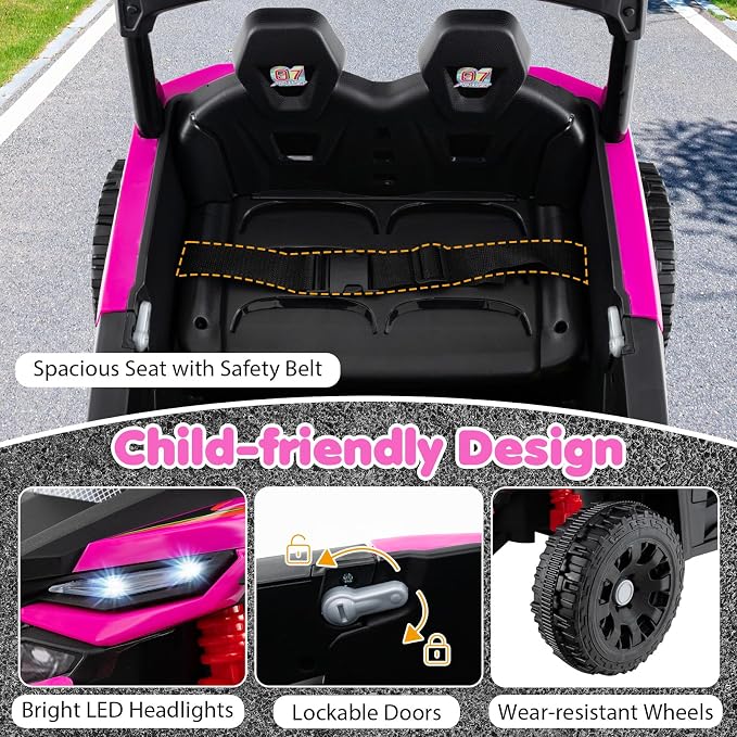 Costzon Kids Ride On UTV Car with Detachable Trailer, 12V Battery Powered Electric Vehicle with Remote Control, 3 Speeds, LED Lights, Music, Horn, Off-Road UTV for Boys & Girls (with Trailer,Pink)