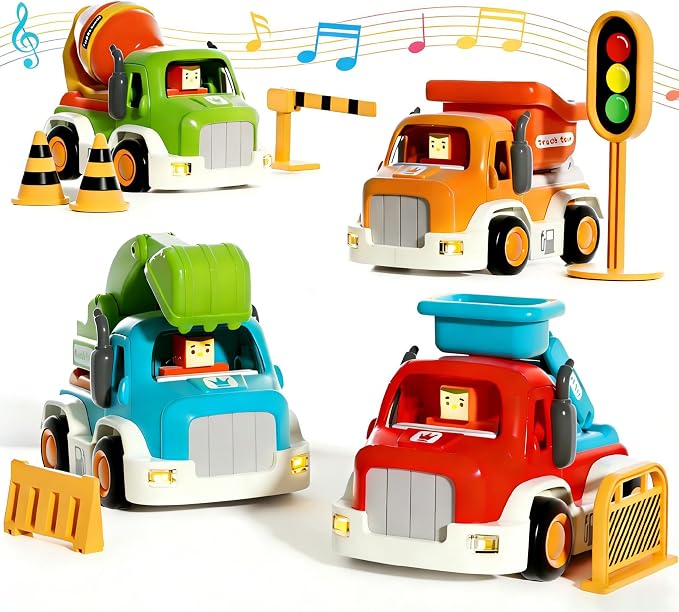 soi-meme 11-Pack Car Toys for Toddler 1-3,Push-and-Go Friction Powered Cars with Lights & Music,Truck Roadblock Toys Set,Baby Boy car Toys for 6-9-12-18 Months,for Kids Boy Birthday Gifts