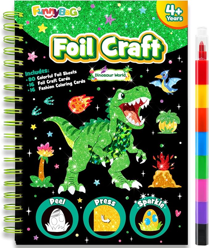 FUNNYB&G Foil Art Craft Kit for Boys 4-10 Years Old: Mess-Free & No-Glue, Create 16 Sparkly Dinosaur World Pictures – Perfect Travel Toy & Birthday Gift for Kids (Dinosaur World)