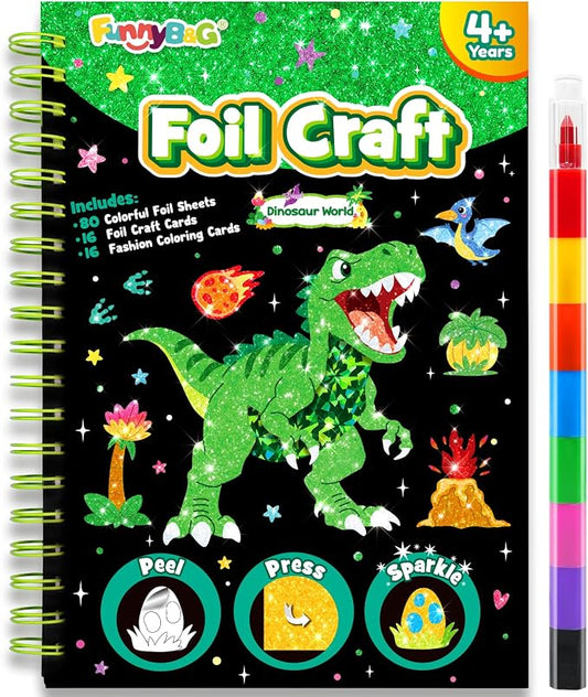 FUNNYB&G Foil Art Craft Kit for Boys 4-10 Years Old: Mess-Free & No-Glue, Create 16 Sparkly Dinosaur World Pictures – Perfect Travel Toy & Birthday Gift for Kids (Dinosaur World)
