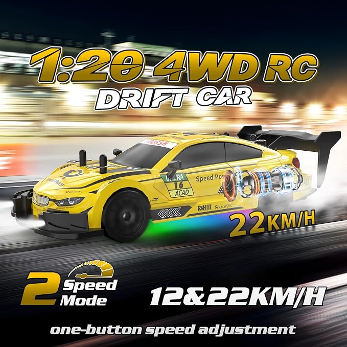 RC Drift Car 1/20 Scale 2.4GHz 4WD Remote Control Car with Led Lights 22KM/H High Speed Rechargeable Batteries Racing Sport Cars RC Cars for Kids Boys Girls Adults Gifts Birthday Christmas