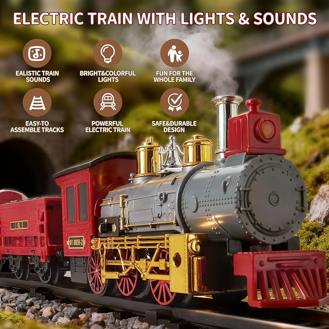 Goldlok Electric Train Set with Light & Sounds, 19 PCS Train Toys for Toddlers 3-5 & Kids 4-8, Locomotive, Passenger Car, 12 Tracks, Indoor Toy, Birthday for Boys and Girls