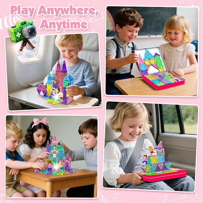 Mini Magnetic Tiles with 2 Little Action People, Light Up Travel Tiles with Magnetic Action Figures for Princess Castle, Micro Magnet Portable Toys for Kids, STEM Building Set Girl Boy Birthday Gift