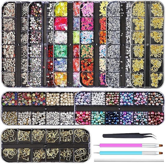 Artdone 9 boxes Nail Rhinestones Glitter Gems Diamonds Studs Crystals Sequins Kit With 1 Tweezers and 3 Pen for Nail Art Supplies Accessories