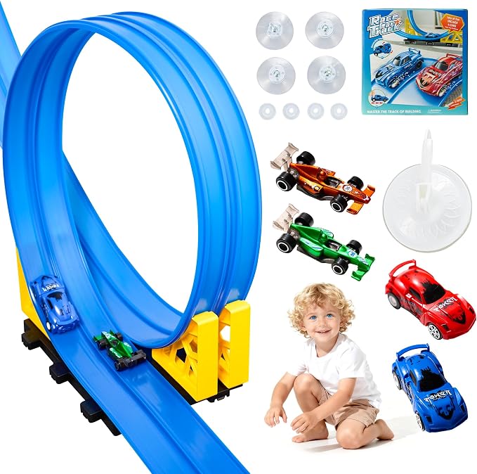 MINDNOOK 16 Ft Flexible Race Car Track Set for Kids, Portable Roll-Up Racetrack with 4 Cars & Suction Cups, Compatible with 1:64 Diecast Toy Cars, Gift for Boys & Girls Ages 4-12
