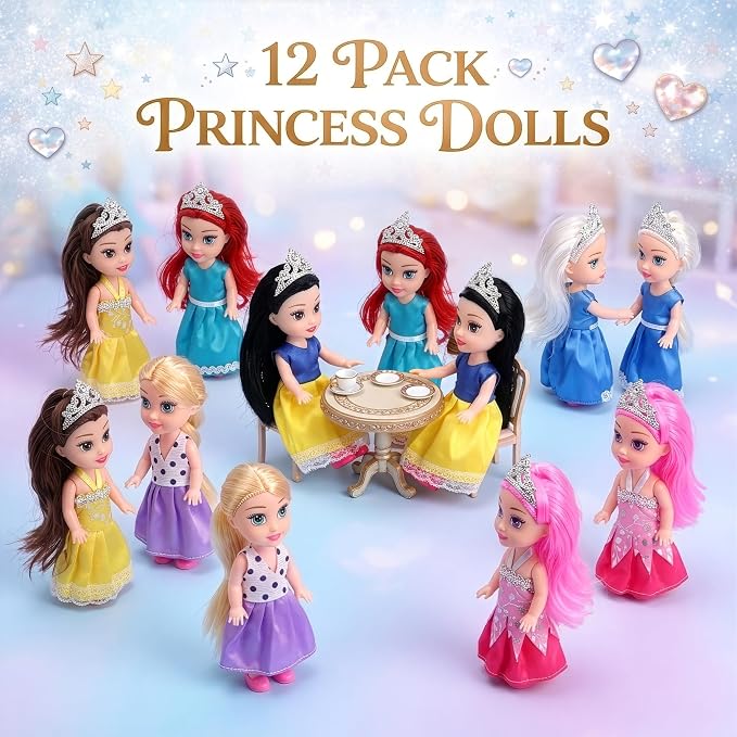 Liberty Imports 12 Pack Little Royal Princess Dolls - Mini Pocket Size Toddler Toys Fantasy Pretend Play Set with Dress, Accessories for Kids, Girls Dollhouse, Party Favors (4.5-inches)