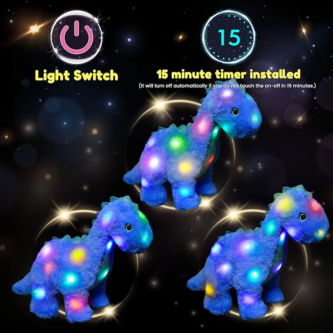 Hopearl LED Plush Dinosaur Light up Stuffed Diplodocus Animal with Long Neck Night Lights Glow in The Dark Birthday Gifts for Kids Toddler Girls, Blue, 16''