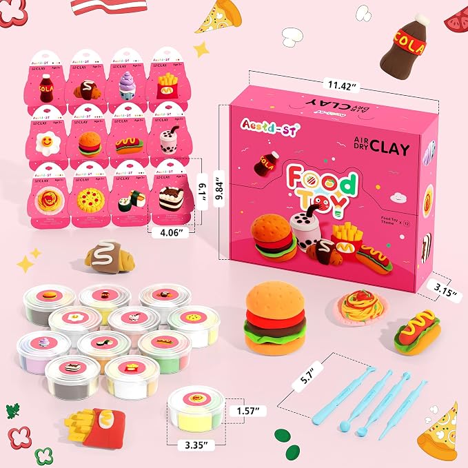 Air Dry Clay Kit - Food Toy Theme, Modeling Clay for Kids, DIY Magic Clay with Tools and Tutorials, 12 Boxes Molding Clay, Ultra Light, Soft & Non-Sticky, Arts and Crafts Gift for Kids