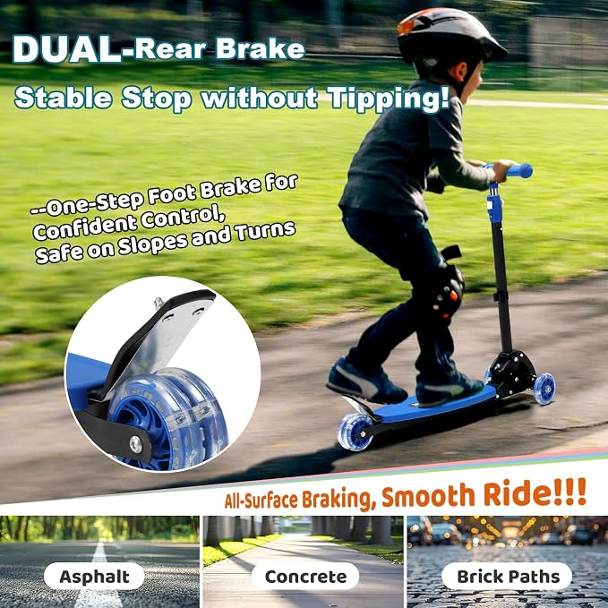 3 Wheel Kids Kick Scooter for Ages 3-12, Lean-to-Steer, Light-Up Wheels, 3-Level Adjustable Handlebar 27.5”-33”, Wide Non-Slip Deck, Dual Rear Brake,Travel Foldable, for Boys & Girls Toy Gifts