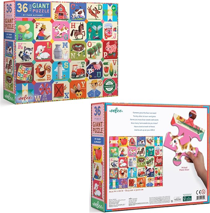 eeBoo 36 Piece Giant Floor Puzzle - My Farm Alphabet Themed, Large Pieces for Small Hands to Develop Motor Skills