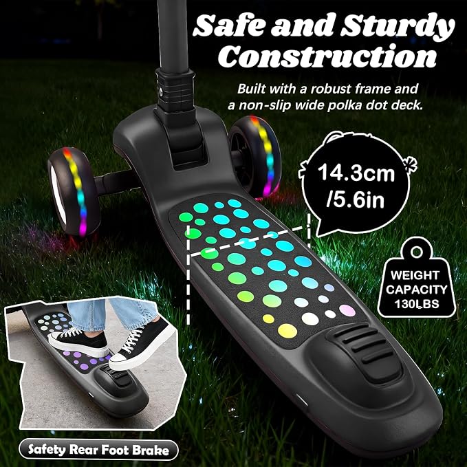 Light Up 3 Wheel Kick Scooter for Kids Toddlers with LED Sync Lights, Flashing Stem & Wide Polka Dot Deck Adjustable Height Music Function Safe Sturdy Folding Scooter for Kids